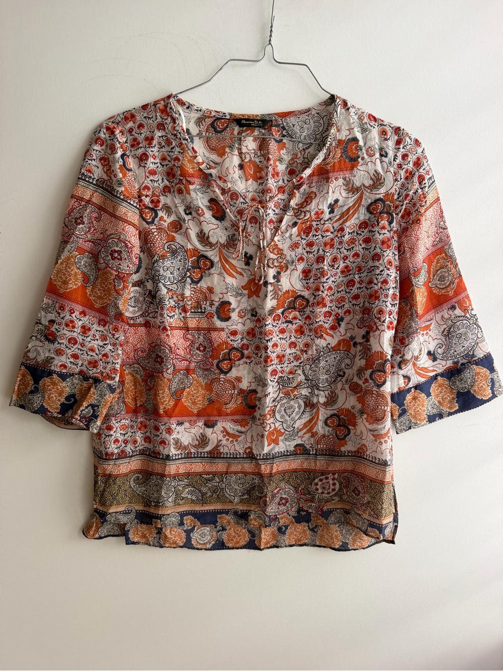 Massimo Dutti Women’s Size 6 Paisley Floral Blouse Boho Tunic 3/4 Sleeve 052